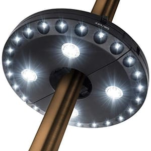 A round LED light designed to attach to a patio umbrella pole, featuring multiple small LED bulbs on the outer ring and larger LED clusters towards the center for illumination.