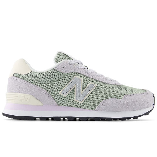 A gray sneaker with white and lavender accents, featuring a mesh and suede design, prominent \“N\“ branding on the side, and a black sole.