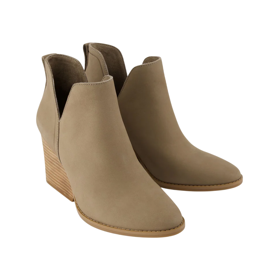 Taupe ankle boots with a wedge heel and subtle stitching details.