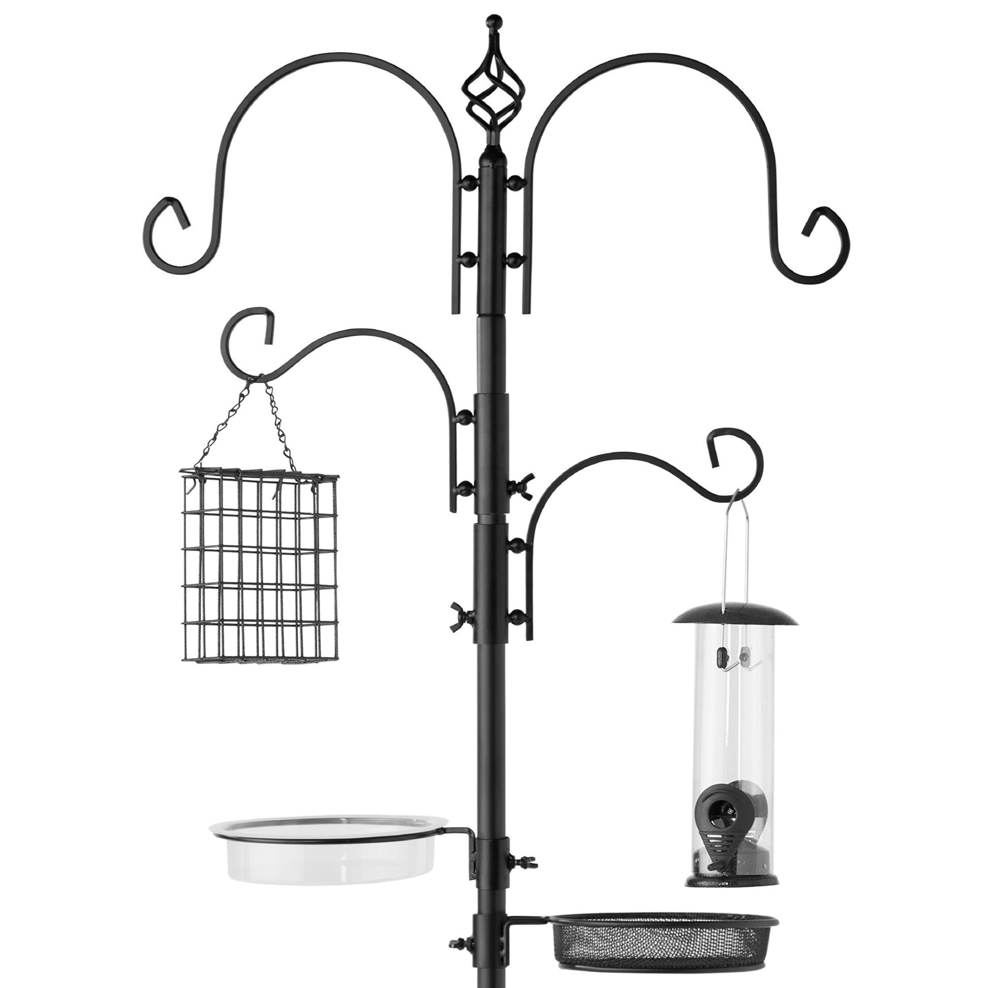 A multipurpose black metal bird feeding station with hooks for feeders, a suet cage, a water dish, and a seed tray.