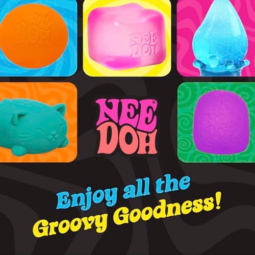 Five colorful Nee Doh stress toys in various shapes: round, cat, teardrop, and two classic blobs, with the tagline \“Enjoy all the Groovy Goodness!\“