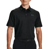 A man is wearing a black Under Armour striped polo shirt and black pants. The polo features subtle horizontal stripes and the Under Armour logo on the chest.