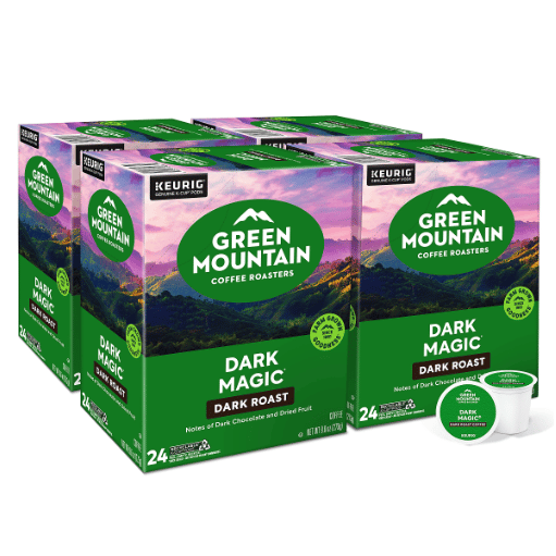 Green Mountain Coffee Roasters Dark Magic Dark Roast, Keurig-compatible coffee pods, 96 count (four boxes of 24 pods each), featuring notes of dark chocolate and dried fruit.