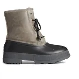 Ankle-high boot with a gray suede upper and black rubber lower, featuring black laces and a textured sole for traction.