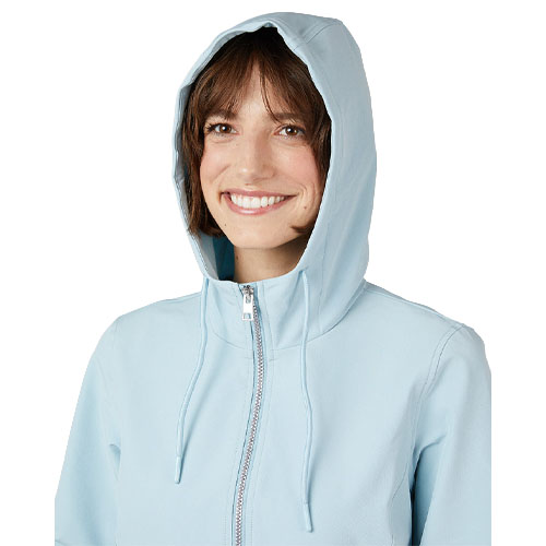 A person wearing a light blue hoodie with the hood up, featuring a front zipper and drawstrings.