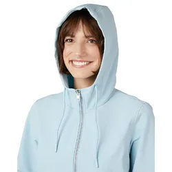 A person wearing a light blue hoodie with the hood up, featuring a front zipper and drawstrings.