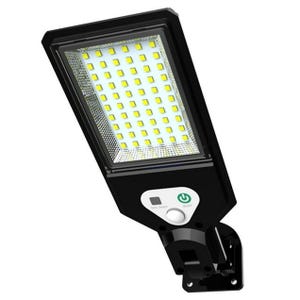 Outdoor solar motion light with a rectangular LED panel featuring multiple small bulbs, mounted on an adjustable bracket. It has a solar panel on top and a round sensor with an on/off button on the front.