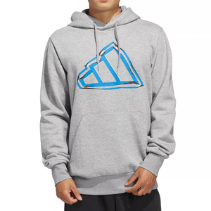 Gray hoodie featuring a blue geometric design on the front, with a front pocket and drawstring hood.