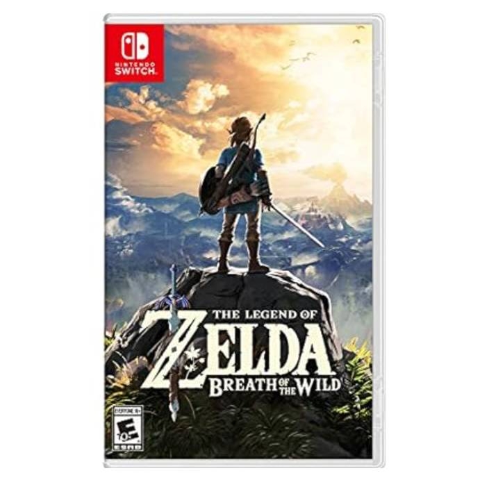 This is the cover art for the Nintendo Switch game \“The Legend of Zelda: Breath of the Wild,\“ featuring the protagonist Link standing on a rock, overlooking a vast landscape.