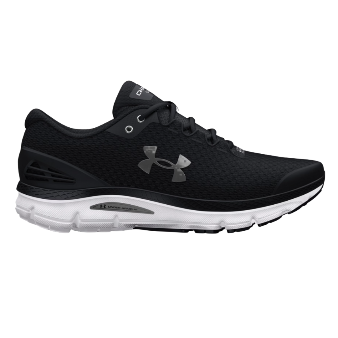 Under Armour running shoe, black mesh with a white sole and silver logo, designed for athletic performance.