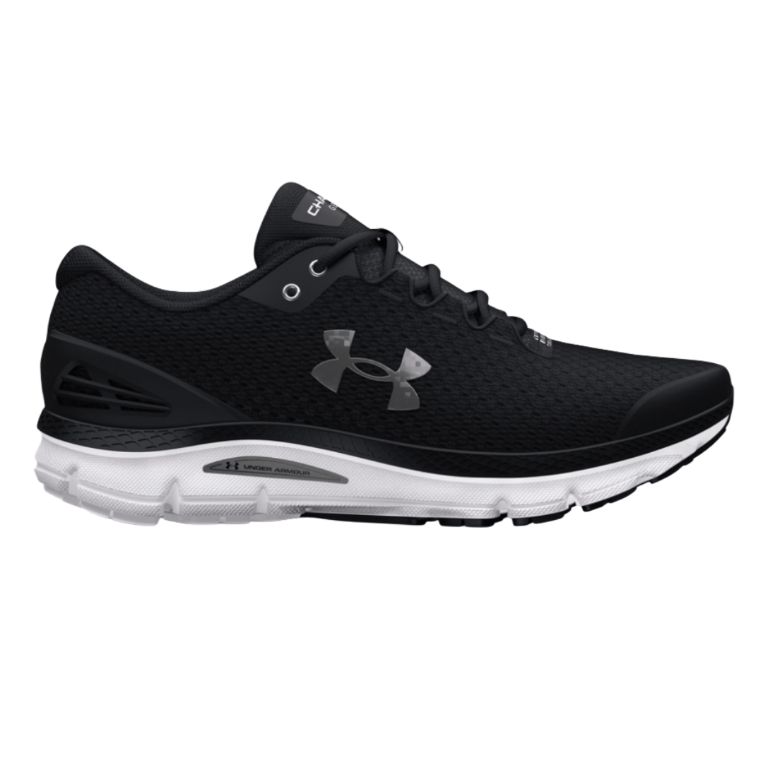 Under Armour running shoe, black mesh with a white sole and silver logo, designed for athletic performance.