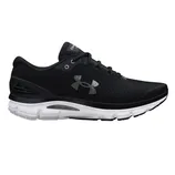 Under Armour running shoe, black mesh with a white sole and silver logo, designed for athletic performance.