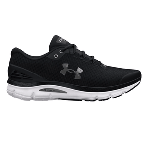 Under Armour running shoe, black mesh with a white sole and silver logo, designed for athletic performance.