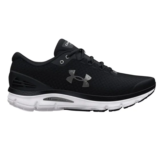 Under Armour running shoe, black mesh with a white sole and silver logo, designed for athletic performance.