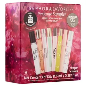 The Sephora Favorites Perfume Sampler includes eight fragrance samples: Juliette Has a Gun, Dolce & Gabbana Devotion, Viktor&Rolf Flowerbomb, Prada Paradoxe, Ellis Brooklyn Sun Fruit, and others. Net contents: 11.6 mL / 0.387 fl oz. Final sale is $35.
