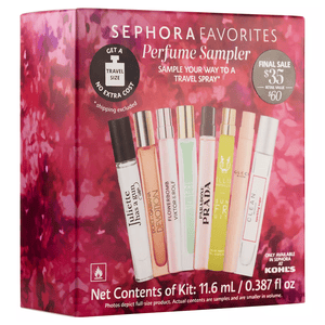 The Sephora Favorites Perfume Sampler includes eight fragrance samples: Juliette Has a Gun, Dolce & Gabbana Devotion, Viktor&Rolf Flowerbomb, Prada Paradoxe, Ellis Brooklyn Sun Fruit, and others. Net contents: 11.6 mL / 0.387 fl oz. Final sale is $35.