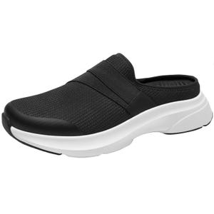 Black slip-on shoe with a breathable mesh upper and a white cushioned sole, featuring an elastic strap for a secure fit.