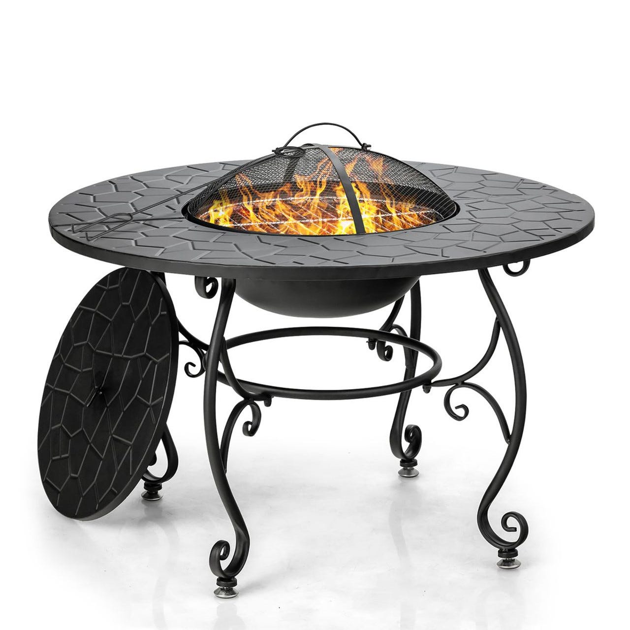 A round, black outdoor fire pit with decorative metal legs and a mesh cover over the flames. It features a circular tabletop design with a textured pattern.