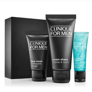 Clinique for Men skincare set featuring face wash, cream shave, and maximum hydrator.