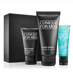 Clinique for Men skincare set featuring face wash, cream shave, and maximum hydrator.