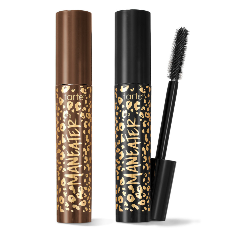 Two tubes of Tarte Maneater mascara, one in brown and one in black, featuring leopard-print designs. One tube is open, showing the mascara wand.