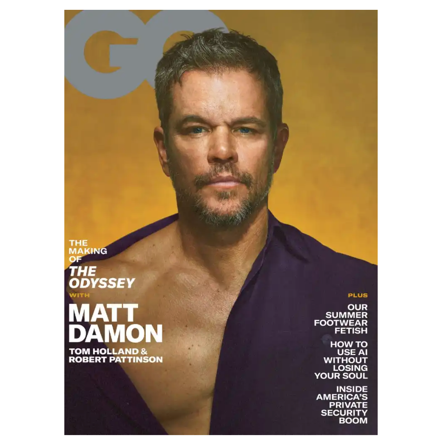 GQ magazine cover featuring Matt Damon discussing \“The Odyssey\“ with Tom Holland and Robert Pattinson. Highlights include summer footwear trends, AI usage tips, and insights into the private security industry boom.