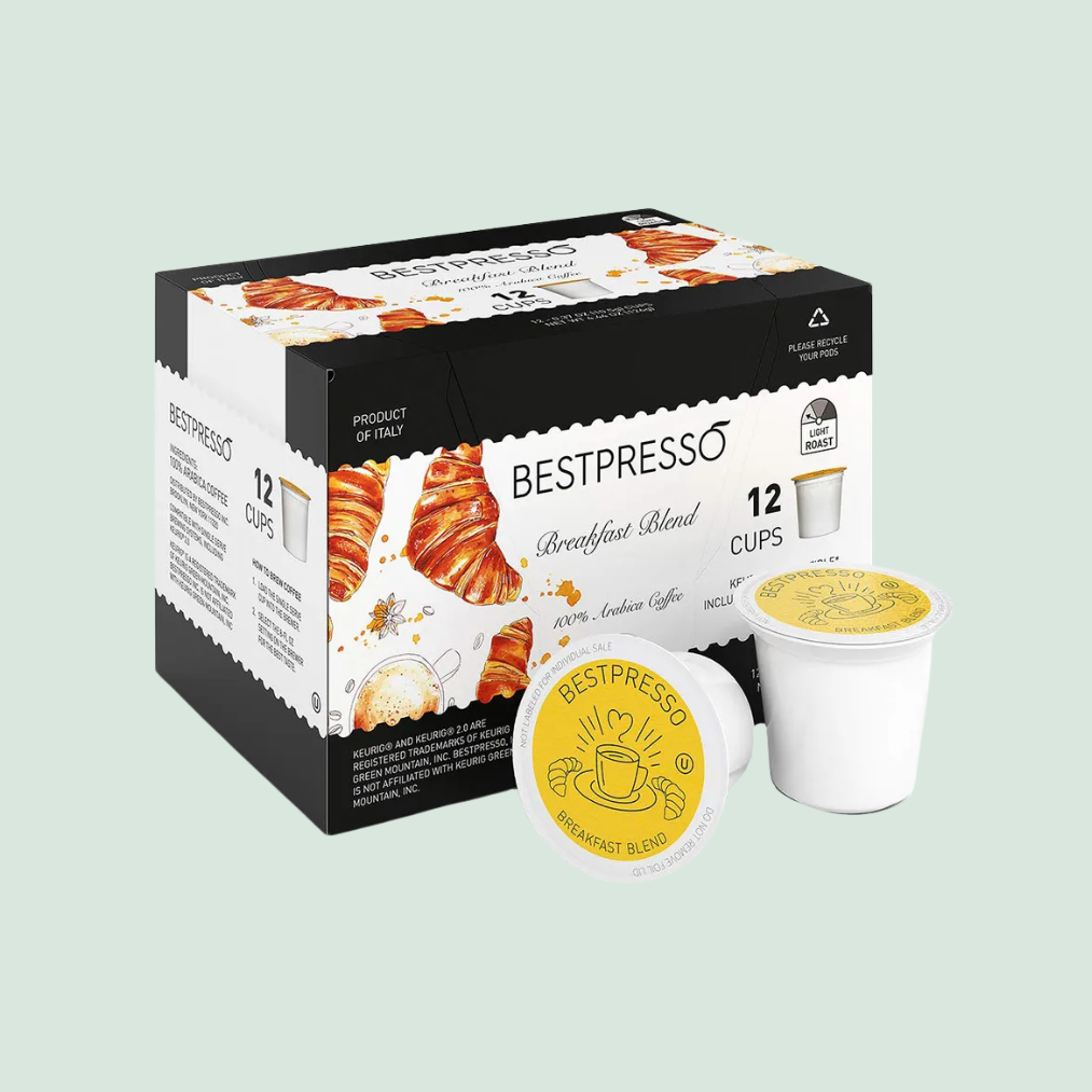 Bestpresso Breakfast Blend, 100% Arabica coffee pods, compatible with Keurig K-Cup machines, light roast, 12-count pack.