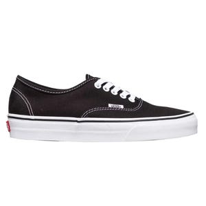 Vans Authentic Sneakers feature a classic low-top design with a black canvas upper, white stitching, and a white rubber sole. They have white laces and the iconic Vans logo tag on the side.
