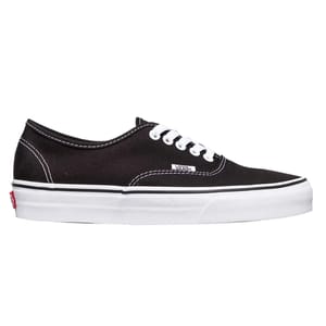 Vans Authentic Sneakers feature a classic low-top design with a black canvas upper, white stitching, and a white rubber sole. They have white laces and the iconic Vans logo tag on the side.