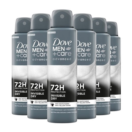 Dove Men+Care Advanced Invisible Dry 72H Protection anti-perspirant deodorant spray, featuring anti white marks and anti yellow stains technology. Six cans are shown in the image.