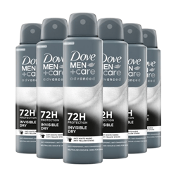 Dove Men+Care Advanced Invisible Dry 72H Protection anti-perspirant deodorant spray, featuring anti white marks and anti yellow stains technology. Six cans are shown in the image.