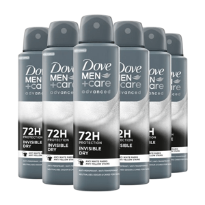 Dove Men+Care Advanced Invisible Dry 72H Protection anti-perspirant deodorant spray, featuring anti white marks and anti yellow stains technology. Six cans are shown in the image.