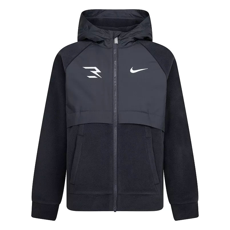 This is a black Nike Arctic fleece jacket for boys, featuring a hood, a zip-up front, and the Nike logo on the chest along with another logo.