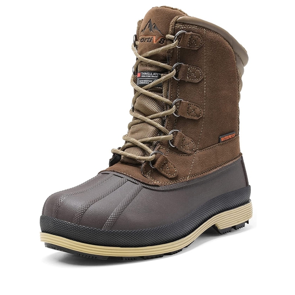 Brown winter boot with rubber sole, suede upper, and lace-up design featuring Thinsulate insulation. Suitable for cold weather.