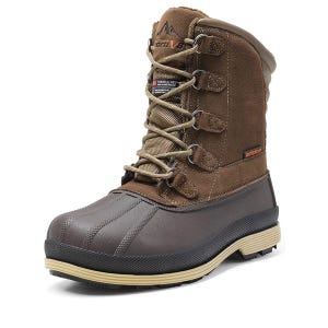 Brown winter boot with rubber sole, suede upper, and lace-up design featuring Thinsulate insulation. Suitable for cold weather.