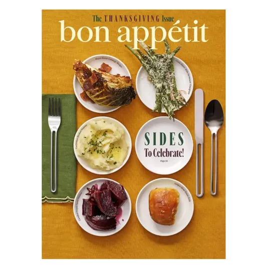 Bon Appétit Thanksgiving issue cover features various side dishes: maple bacon cabbage wedges, Caesar-ish cashew greens, cauliflower mashed potatoes, glazed beet roots, and glazed sweet potatoes.