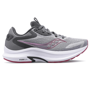 Gray and white Saucony Axon 3 running shoes with pink detailing, featuring a cushioned sole and lace-up design.