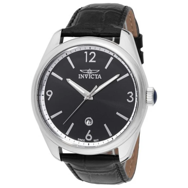 Invicta watch with a black dial, silver-tone hands, and numerals, featuring a date display at 6 o'clock. It has a black leather strap and a stainless steel case.