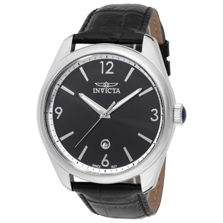 Invicta watch with a black dial, silver-tone hands, and numerals, featuring a date display at 6 o'clock. It has a black leather strap and a stainless steel case.