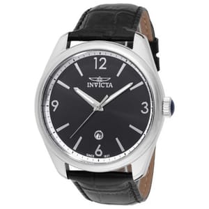 Invicta watch with a black dial, silver-tone hands, and numerals, featuring a date display at 6 o'clock. It has a black leather strap and a stainless steel case.