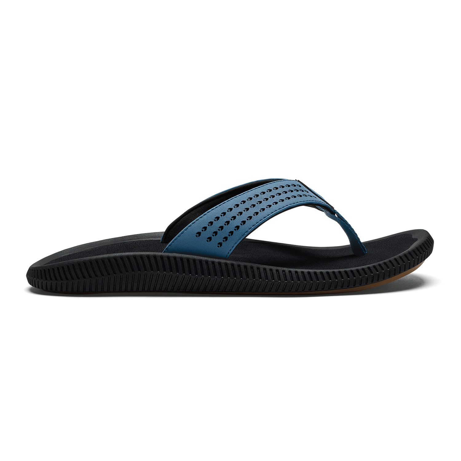 A black and blue flip flop sandal featuring a perforated strap design and a textured sole for grip.