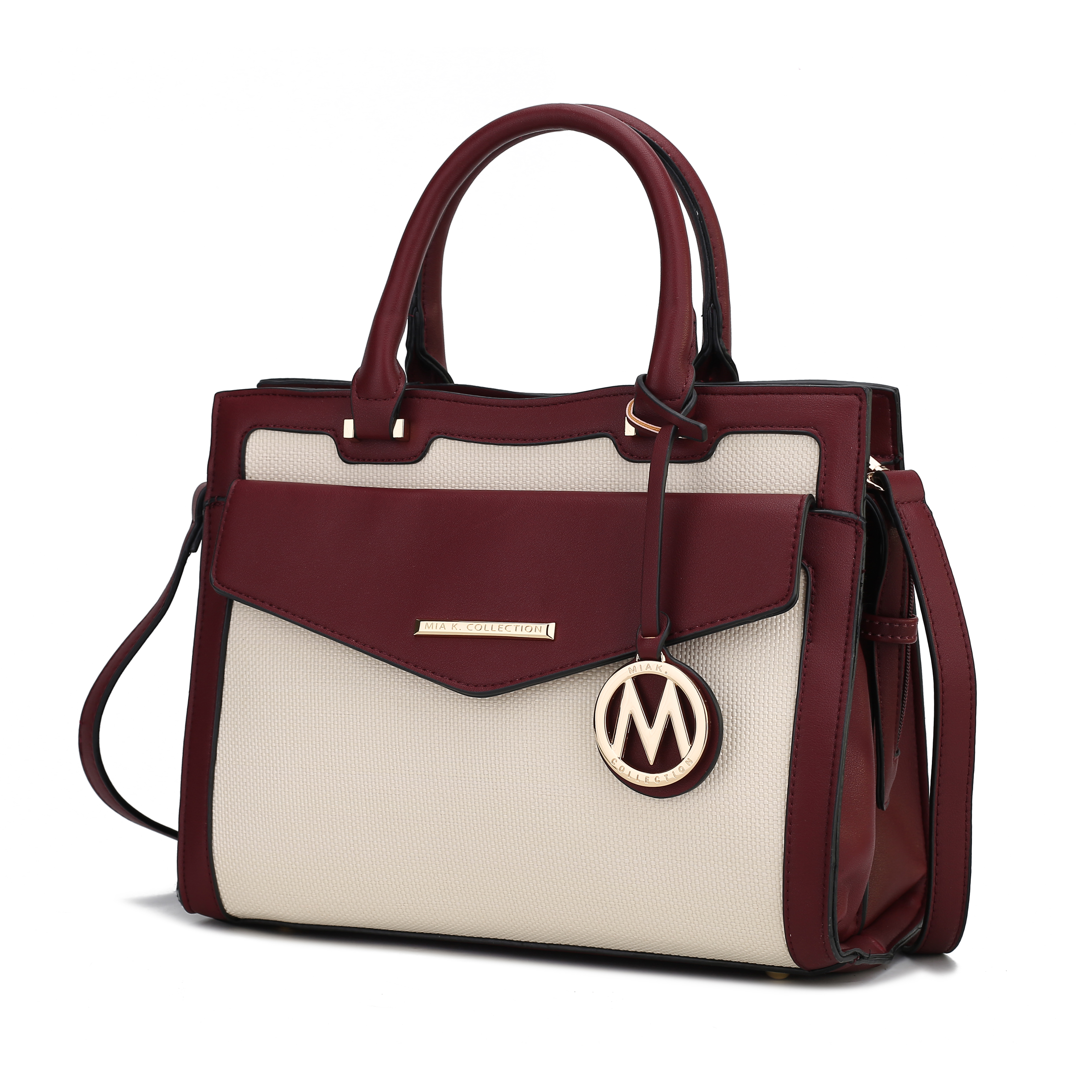 A stylish MKF shoulder bag features a burgundy and beige color scheme, with a detachable crossbody strap, metal logo charm, dual handles, and a front flap pocket.