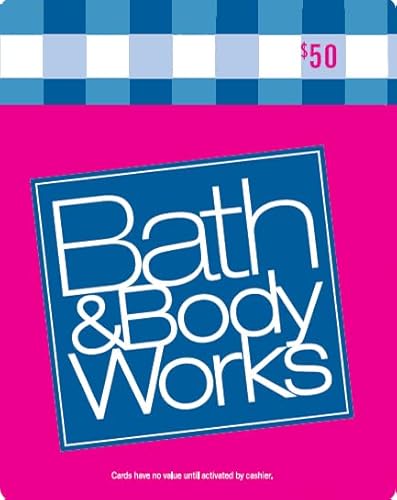 $50 Bath & Body Works gift card, featuring a blue and white checkered design and a bright pink background.