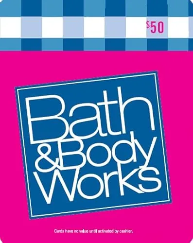 $50 Bath & Body Works gift card, featuring a blue and white checkered design and a bright pink background.