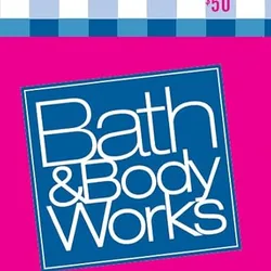 $50 Bath & Body Works gift card, featuring a blue and white checkered design and a bright pink background.