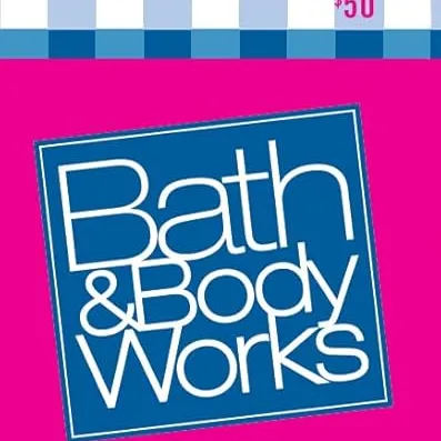 $50 Bath & Body Works gift card, featuring a blue and white checkered design and a bright pink background.