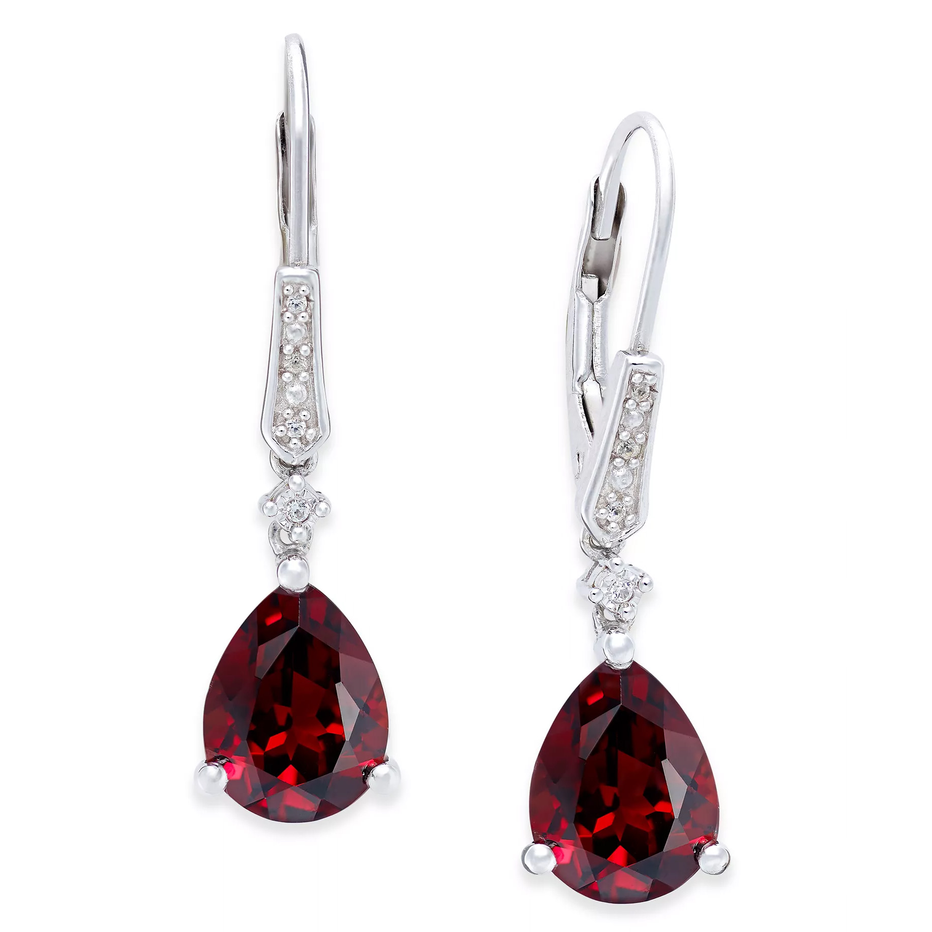 Silver earrings featuring teardrop-shaped red gemstones with small, round accents and lever-back closures.