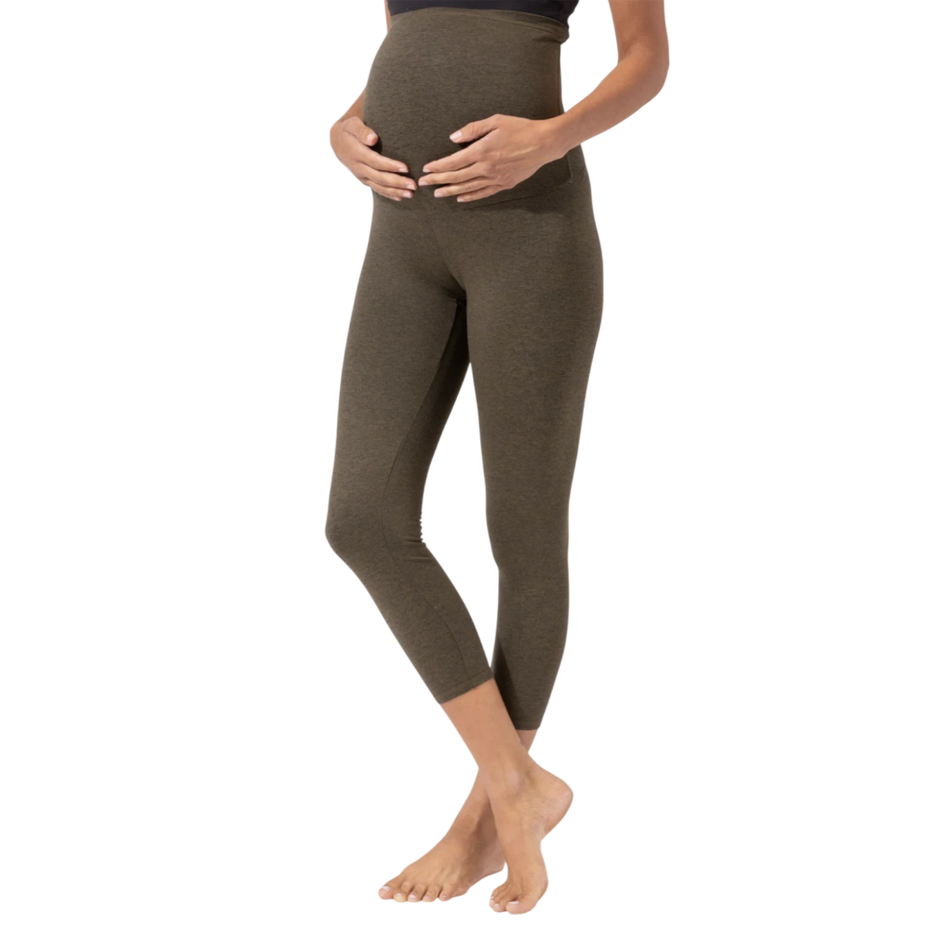 Maternity leggings in olive green, designed with a high waistband for comfort and support during pregnancy.