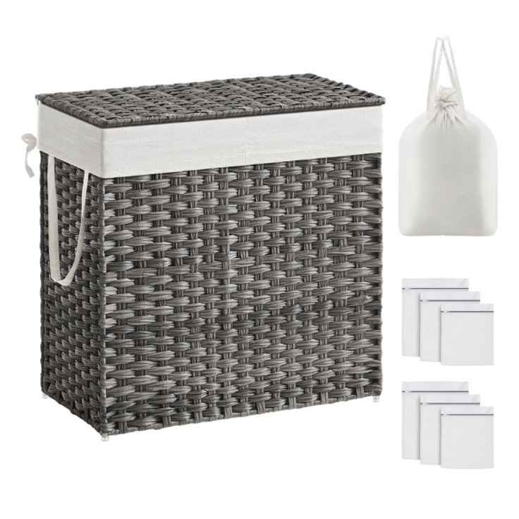 Woven laundry hamper with a removable fabric liner, accompanied by a drawstring laundry bag and multiple white folded cloths or liners.