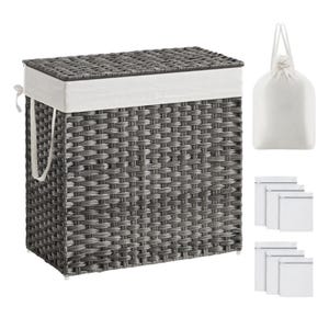 Woven laundry hamper with a removable fabric liner, accompanied by a drawstring laundry bag and multiple white folded cloths or liners.